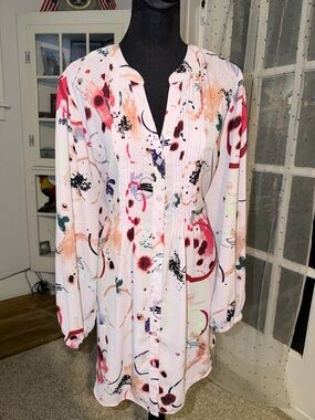 Melissa McCarthy Seven7 Womens Plus 2X Pleated Floral Tunic Top 3/4 Sleeve Shirt